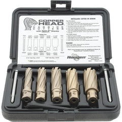 Hougen - 8 Piece, 9/16 to 1-1/16" Cutter Diam, 2" Cutting Depth, Carbide-Tipped Annular Cutter Set - Bright Finish, 3/4" Shank Diam, 9/16, 11/16, 13/16, 15/16, 1-1/16" Cutter Diams, 2 Flats on Shank - Exact Tooling