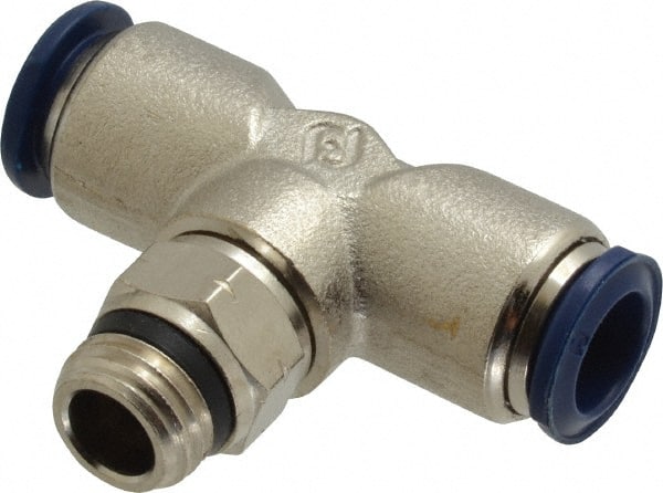Value Collection - 3/8" Outside Diam, 1/4 Universal, Nickel Plated Brass Push-to-Connect Tube Male Swivel Branch Tee - 250 Max psi, Tube to Universal Thread Connection, Buna O-Ring - Exact Tooling