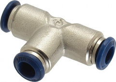 Value Collection - 1/4" Outside Diam, Nickel Plated Brass Push-to-Connect Tube Union Tee - 250 Max psi, Tube to Tube Connection, Buna O-Ring - Exact Tooling
