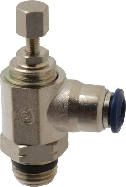 Value Collection - 1/4" Pipe, Angled Miniature Needle Valve - Buna Seal, Male x Push to Connect Ends, Nickel Plated Brass Valve, 145 Max psi - Exact Tooling