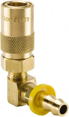 Parker - Nonthreaded Brass Hydraulic Hose Push-Lok Hose Barb Coupler & 90° Fitting - 200 psi, 3 GPM, 3/8" Hose Diam, Series Moldmate - Exact Tooling