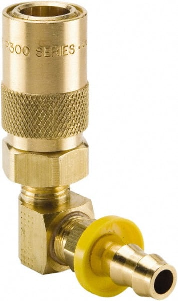 Parker - Nonthreaded Brass Hydraulic Hose Push-Lok Hose Barb Coupler & 90° Fitting - 200 psi, 12 GPM, 3/4" Hose Diam, Series Moldmate - Exact Tooling