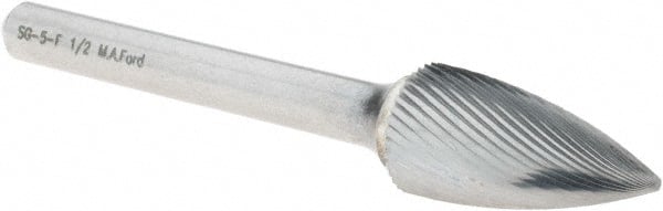 M.A. Ford - 1/2" Cut Diam, 1/4" Shank Diam, Tree Head Double Cut Burr - Carbide, Point End, 1" LOC, 3" OAL - Exact Tooling