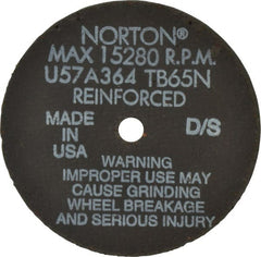 Norton - 4" 36 Grit Aluminum Oxide Cutoff Wheel - 1/16" Thick, 3/8" Arbor, 19,100 Max RPM, Use with Die Grinders - Exact Tooling
