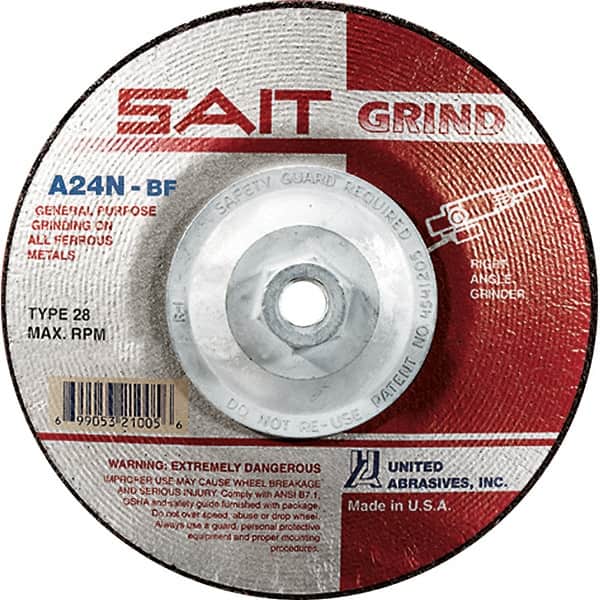 Sait - 24 Grit, 4-1/2" Wheel Diam, 1/4" Wheel Thickness, Type 28 Depressed Center Wheel - Aluminum Oxide, Resinoid Bond, N Hardness, 13,300 Max RPM, Compatible with Angle Grinder - Exact Tooling