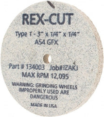Rex Cut Product - 3" Diam x 1/4" Hole x 1/4" Thick, 54 Grit Surface Grinding Wheel - Aluminum Oxide, Type 1, Coarse Grade, 12,095 Max RPM, Rubber Bond, No Recess - Exact Tooling