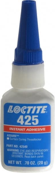 Loctite - 20gr. Bottle, Blue, Low Strength Liquid Threadlocker - Series 425, 24 hr Full Cure Time - Exact Tooling