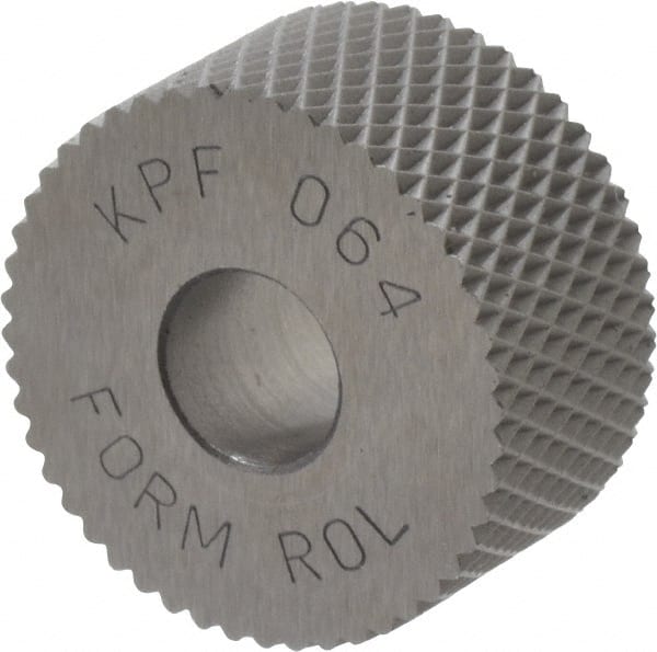 Made in USA - 3/4" Diam, 80° Tooth Angle, Standard (Shape), Form Type High Speed Steel Female Diamond Knurl Wheel - 3/8" Face Width, 1/4" Hole, 64 Diametral Pitch, 30° Helix, Bright Finish, Series KP - Exact Tooling