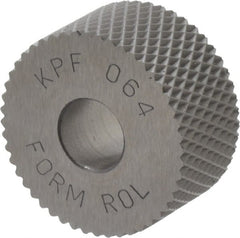 Made in USA - 3/4" Diam, 80° Tooth Angle, Standard (Shape), Form Type High Speed Steel Female Diamond Knurl Wheel - 3/8" Face Width, 1/4" Hole, 64 Diametral Pitch, 30° Helix, Bright Finish, Series KP - Exact Tooling