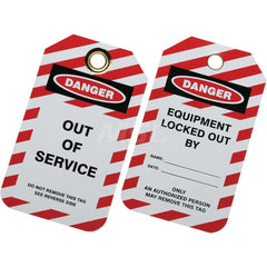 Ability One - Safety & Facility Tags; Message Type: Lockout Tag ; Header: DANGER ; Front Legend: OUT OF SERVICE ; Back Legend: EQUIPMENT LOCKED OUT BY _____ DATE ______ ; Material Type: Plastic ; Language: English - Exact Tooling