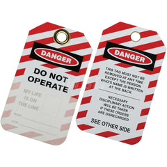 Ability One - Safety & Facility Tags; Message Type: Lockout Tag ; Header: DANGER ; Front Legend: Do Not Operate ; Back Legend: This Tag Must Not Be Removed At Any Time Except The Person Who's Name Is Written At The Back ; Material Type: PVC ; Language: E - Exact Tooling