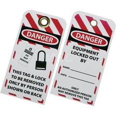 Ability One - Safety & Facility Tags; Message Type: Lockout Tag ; Header: DANGER ; Front Legend: THIS TAG & LOCK TO BE REMOVED ONLY BY PERSON SHOWN ON BACK ; Back Legend: EQUIPMENT LOCKED OUT BY _____ DATE ______ ; Material Type: Plastic ; Language: Engl - Exact Tooling