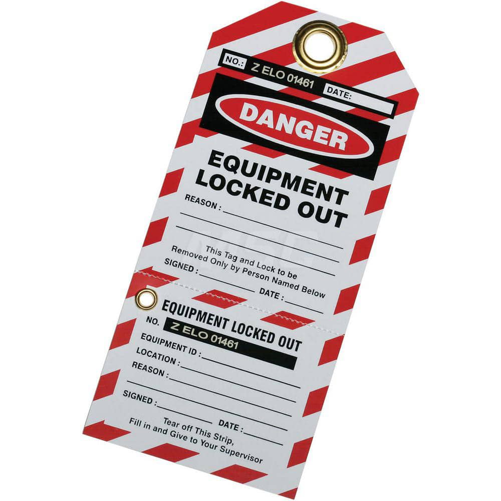 Ability One - Safety & Facility Tags; Message Type: Lockout Tag ; Header: DANGER ; Front Legend: Equipment Lockout Out ; Back Legend: EQUIPMENT LOCKED OUT BY _____ DATE ______ ; Material Type: Vinyl ; Language: English - Exact Tooling