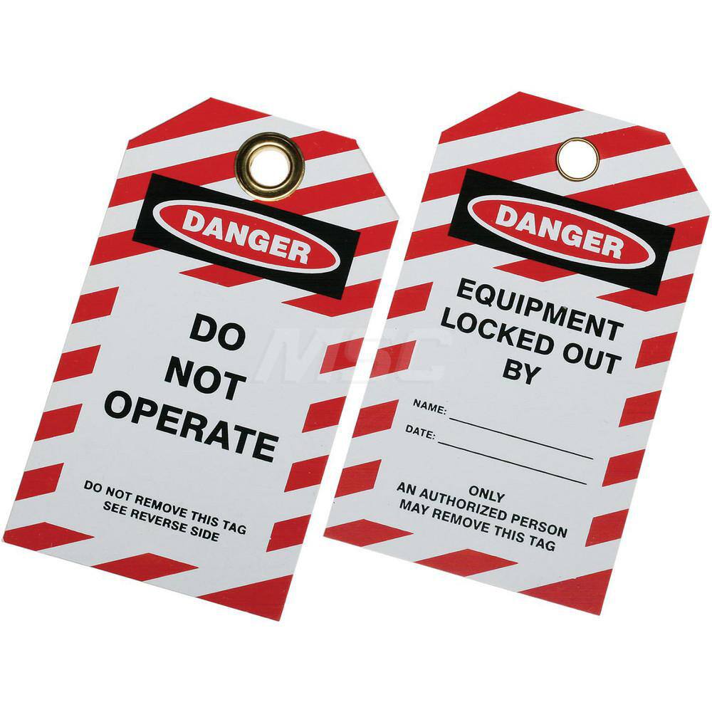 Ability One - Safety & Facility Tags; Message Type: Lockout Tag ; Header: DANGER ; Front Legend: Do Not Operate ; Back Legend: EQUIPMENT LOCKED OUT BY _____ DATE ______ ; Material Type: Plastic ; Language: English - Exact Tooling