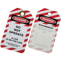 Ability One - Safety & Facility Tags; Message Type: Lockout Tag ; Header: DANGER ; Front Legend: Do Not Operate ; Back Legend: EQUIPMENT LOCKED OUT BY _____ DATE ______ ; Material Type: Plastic ; Language: English - Exact Tooling