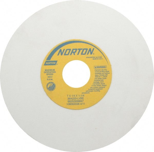 Norton - 7" Diam x 1-1/4" Hole x 1/4" Thick, L Hardness, 220 Grit Surface Grinding Wheel - Aluminum Oxide, Type 1, Very Fine Grade, 3,600 Max RPM, Vitrified Bond, No Recess - Exact Tooling