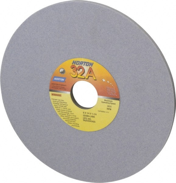 Norton - 8" Diam x 1-1/4" Hole x 1/4" Thick, L Hardness, 80 Grit Surface Grinding Wheel - Aluminum Oxide, Type 1, Medium Grade, 3,600 Max RPM, Vitrified Bond, No Recess - Exact Tooling
