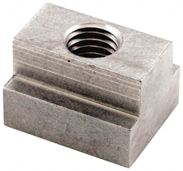 Jergens - 3/8-16 Tapped Through T Slot Nut - 7/16" Slot Width, 3/4 x 7/32" Base Width x Height, 1 x 1/2" OAL x Height - Exact Tooling