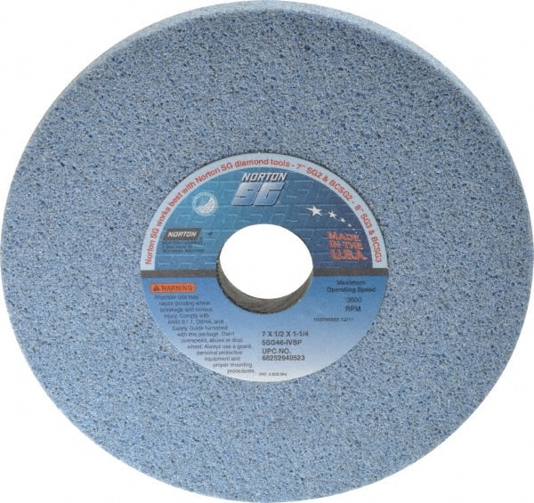 Norton - 7" Diam x 1-1/4" Hole x 1/2" Thick, I Hardness, 46 Grit Surface Grinding Wheel - Ceramic, Type 1, Coarse Grade, 3,600 Max RPM, Vitrified Bond, No Recess - Exact Tooling