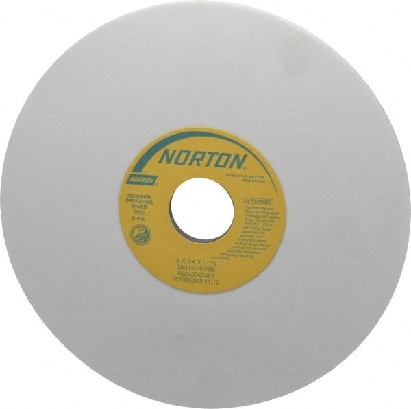 Norton - 8" Diam x 1-1/4" Hole x 1/4" Thick, K Hardness, 150 Grit Surface Grinding Wheel - Aluminum Oxide, Type 1, Very Fine Grade, 3,600 Max RPM, Vitrified Bond, No Recess - Exact Tooling