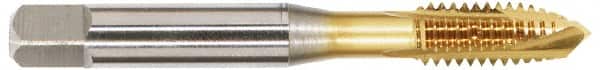 OSG - 3/4-16 UNF, 3 Flute, TiN Finish, Vanadium High Speed Steel Spiral Point Tap - Plug Chamfer, Right Hand Thread, 4-1/4" OAL, 2" Thread Length, 0.59" Shank Diam, 3B Class of Fit - Exact Tooling