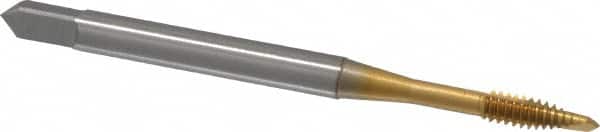 OSG - #4-40 UNC, 2 Flute, TiN Finish, Vanadium High Speed Steel Spiral Point Tap - Plug Chamfer, Right Hand Thread, 1-7/8" OAL, 9/16" Thread Length, 0.141" Shank Diam, 2B/3B Class of Fit - Exact Tooling