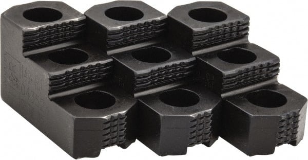 H & R Manufacturing - 8" Max Chuck Diam Compatibility, Case Hardened Steel 1.5mm x 60° Serrated Hard Lathe Top Jaws - 2 Steps, 0.551" Groove Width, 1-1/2" Wide x 3-1/2" Long x 1.969" High - Exact Tooling