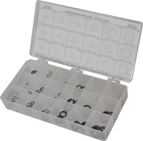 Precision Brand - 270 Piece, 1/4 to 3/4" Screw, Spring Steel Flat Washer Assortment - Includes (15) 0.187 to 0.296 Inside x 0.248 to 0.371 Out Side Diam, (30) 0.171 to 0.289 Inside x 0.248 to 308 OD Washer & Compartmented Storage Case - Exact Tooling