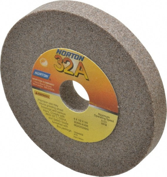 Norton - 80 Grit Aluminum Oxide Type 1 Internal Grinding Wheel - 4" Diam x 3/4" Hole x 1/2" Thick, 8,120 Max RPM, Type 1 Medium Grade, K Hardness, Vitrified Bond, No Recess - Exact Tooling