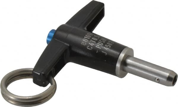 Jergens - 1/4" Diam, 1/2" Usable Length, T Handle, Push Button Quick Release Pin - 2" Overall Length, Grade 17-4 Stainless Steel, Passivated Finish - Exact Tooling