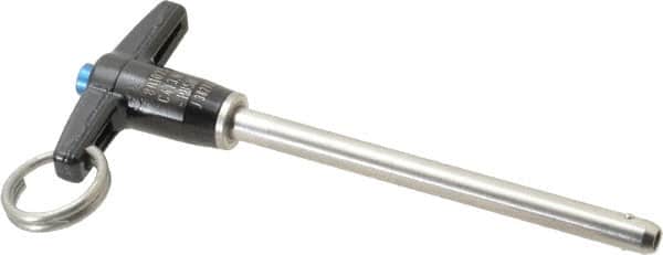 Jergens - 1/4" Diam, 3" Usable Length, T Handle, Push Button Quick Release Pin - 4-1/2" Overall Length, Grade 17-4 Stainless Steel, Passivated Finish - Exact Tooling