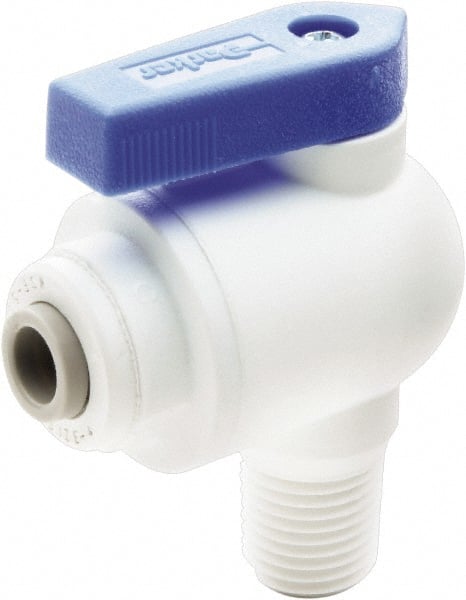 Parker - 1/4" Pipe, Full Port, Polypropylene Valve Male Elbow Ball Valve - Bi-Directional, MNPT x Push-to-Connect Ends, Wedge Handle, 150 WOG - Exact Tooling