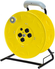 Value Collection - 12 AWG, 100' Cable Length, Cord & Cable Reel with Outlet End, No Cable - 4 Outlets, NEMA 5-15R, 15 Amps, 125 Volts, SO Cable, Yellow Reel, Hand Crank Reel - Exact Tooling