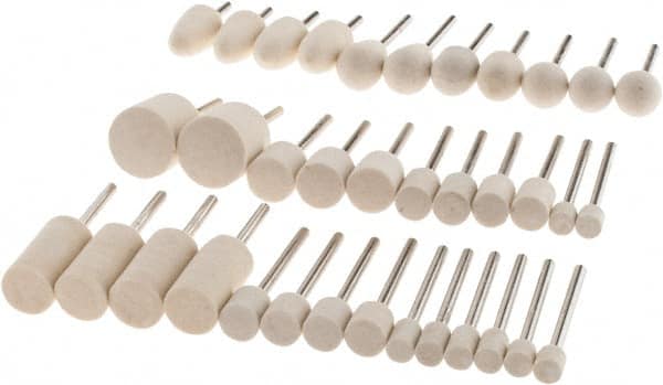 Value Collection - 36 Piece, 1/8" Shank Diam, Wool Felt Bob Set - Medium Density, Includes Ball, Cone, Cylinder, Flame, Olive & Oval Bobs - Exact Tooling
