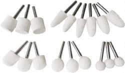 Value Collection - 18 Piece, 1/4" Shank Diam, Wool Felt Bob Set - Medium Density, Includes Ball, Cone, Cylinder, Flame, Olive & Oval Bobs - Exact Tooling