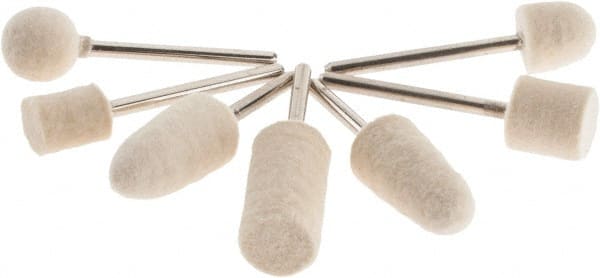 Value Collection - 7 Piece, 1/8" Shank Diam, Wool Felt Bob Set - Medium Density, Includes Ball, Cone, Cylinder, Flame, Olive & Oval Bobs - Exact Tooling