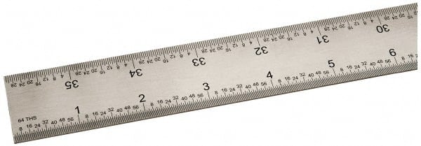 SPI - 36" Long, 1/100, 1/64, 1/32, 1/10" Graduation, Rigid Steel Rule - 5R Graduation Style, 1-1/4" Wide, Silver, Satin Chrome Finish - Exact Tooling