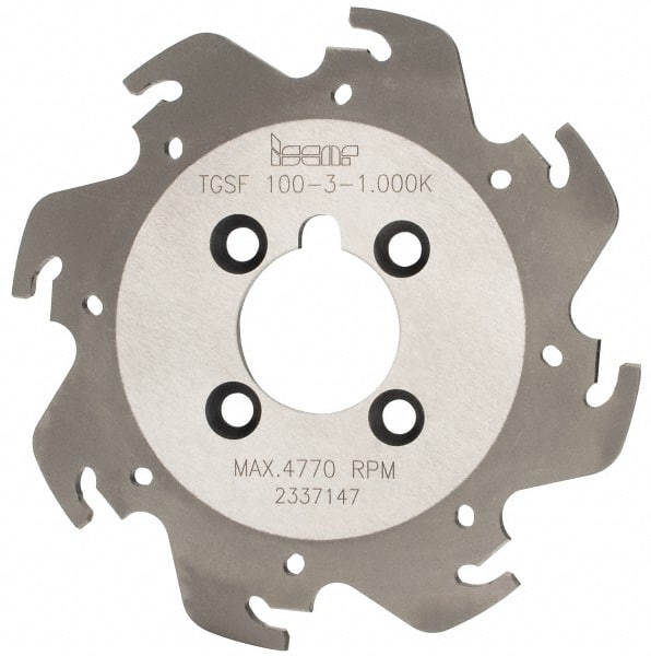 Iscar - Arbor Hole Connection, 0.118" Cutting Width, 1.04" Depth of Cut, 3-15/16" Cutter Diam, 1" Hole Diam, 8 Tooth Indexable Slotting Cutter - TGSF Toolholder, TAG N3 Insert, Right Hand Cutting Direction - Exact Tooling