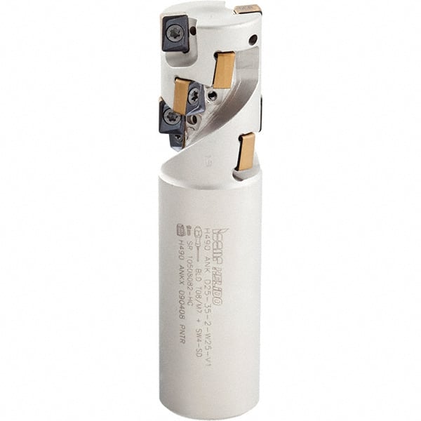 Iscar - 1-1/4" Cut Diam, 1.68" Max Depth of Cut, 1-1/4" Shank Diam, 4.52" OAL, Indexable Square Shoulder Helical End Mill - H490 ANKX 09.. Inserts, Weldon Shank, 90° Lead Angle, Through Coolant, Series Helido - Exact Tooling