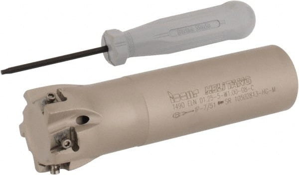 Iscar - 1-1/4" Cut Diam, 0.315" Max Depth of Cut, 1" Shank Diam, 4" OAL, Indexable Square Shoulder Helical End Mill - T490 LN.T 0804 Inserts, Weldon Shank, 90° Lead Angle, Through Coolant, Series Helitang - Exact Tooling