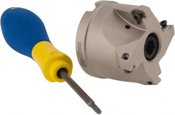 Iscar - 4 Inserts, 2" Cut Diam, 3/4" Arbor Diam, 0.315" Max Depth of Cut, Indexable Square-Shoulder Face Mill - 0/90° Lead Angle, 1.57" High, HM390 TPKT 1003 Insert Compatibility, Through Coolant, Series HeliIQMill - Exact Tooling