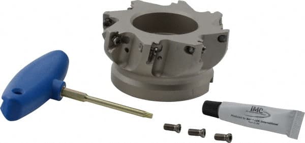 Iscar - 8 Inserts, 4" Cut Diam, 1-1/2" Arbor Diam, 0.512" Max Depth of Cut, Indexable Square-Shoulder Face Mill - 0/90° Lead Angle, 2" High, HM390 TDKT 1505 Insert Compatibility, Through Coolant, Series HeliIQMill - Exact Tooling