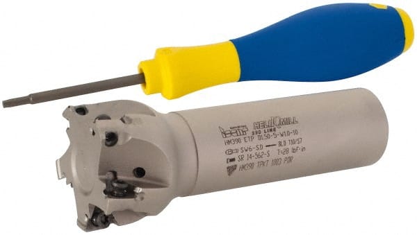 Iscar - 1-1/2" Cut Diam, 0.315" Max Depth of Cut, 1" Shank Diam, 4" OAL, Indexable Square Shoulder Helical End Mill - HM390 TPKT 1003 Inserts, Weldon Shank, 90° Lead Angle, Through Coolant, Series HeliIQMill - Exact Tooling