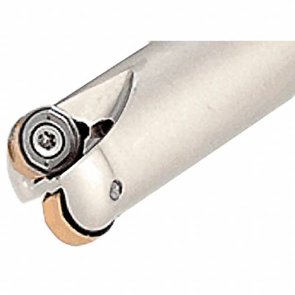 Iscar - 1" Cut Diam, 0.295" Max Depth of Cut, 1" Shank Diam, 5" OAL, Indexable Copy End Mill - 3 Inserts, H400 RNHU Insert, Weldon Shank, Through Coolant - Exact Tooling