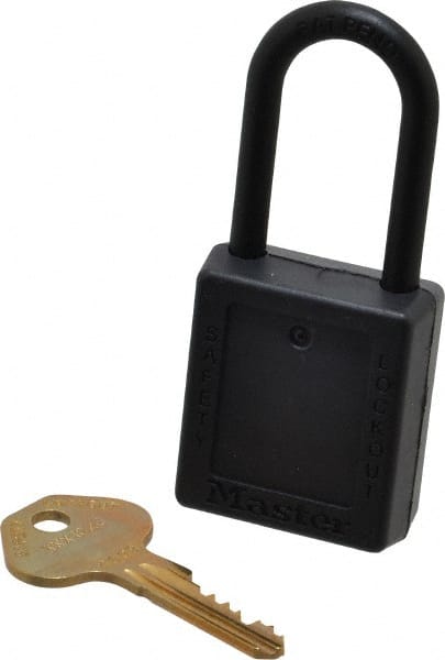 Master Lock - Keyed Different Nonconductive Lockout Padlock - 1-1/2" Shackle Clearance, 1/4" Shackle Diam, 1-3/4" Body Height x 1-1/2" Body Width, Black, 6 Pins - Exact Tooling