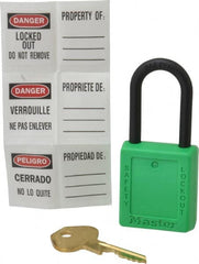 Master Lock - Keyed Different Nonconductive Lockout Padlock - 1-1/2" Shackle Clearance, 1/4" Shackle Diam, 1-3/4" Body Height x 1-1/2" Body Width, Green, 6 Pins - Exact Tooling