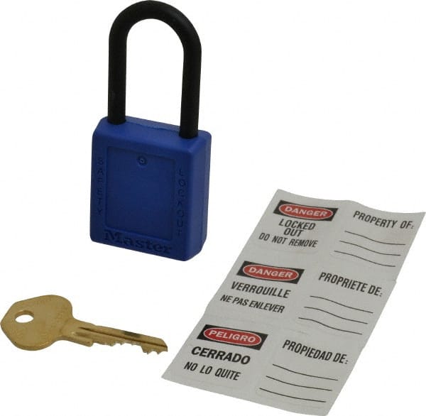 Master Lock - Keyed Alike Nonconductive Lockout Padlock - 1-1/2" Shackle Clearance, 1/4" Shackle Diam, 1-3/4" Body Height x 1-1/2" Body Width, Blue, 6 Pins - Exact Tooling