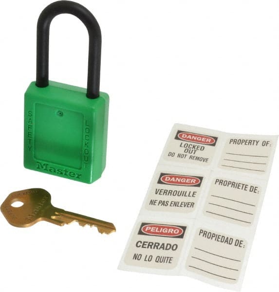 Master Lock - Keyed Alike Nonconductive Lockout Padlock - 1-1/2" Shackle Clearance, 1/4" Shackle Diam, 1-3/4" Body Height x 1-1/2" Body Width, Green, 6 Pins - Exact Tooling