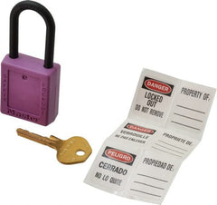 Master Lock - Keyed Alike Nonconductive Lockout Padlock - 1-1/2" Shackle Clearance, 1/4" Shackle Diam, 1-3/4" Body Height x 1-1/2" Body Width, Purple, 6 Pins - Exact Tooling