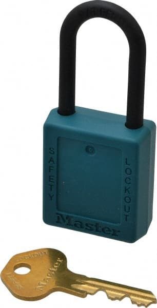 Master Lock - Keyed Alike Nonconductive Lockout Padlock - 1-1/2" Shackle Clearance, 1/4" Shackle Diam, 1-3/4" Body Height x 1-1/2" Body Width, Teal, 6 Pins - Exact Tooling